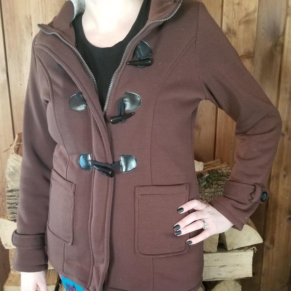 Pea Coat Jacket Brown Hood Toggles& Zipper Pockets - Picture 5 of 16